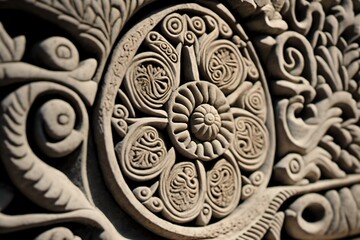 Wall Mural - Close-up of intricate stone carving or fresco with detailed patterns and images, concept of Relief Sculpture and Mosaic Art, created with Generative AI technology