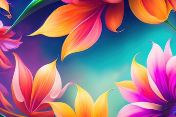 Wall Mural - Colorful vibrant floral background frame of tropical plants and flowers. Generated AI.