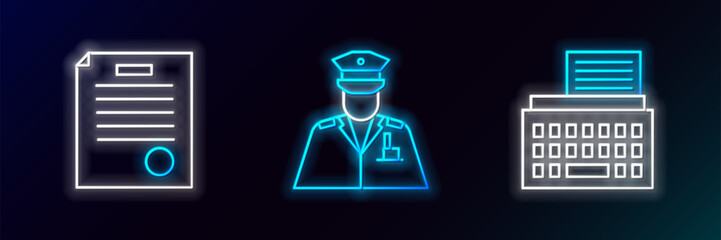 Wall Mural - Set line Retro typewriter, The arrest warrant and Police officer icon. Glowing neon. Vector