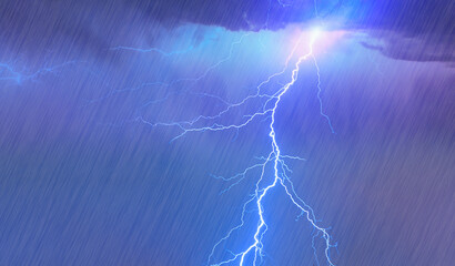 Wall Mural - lightning strikes between stormy clouds with rain