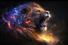 Roaring mighty fantasy lion with flames and glowing lights Generative ai