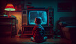 A child playing video games on a retro console while sitting on the floor in front of the TV, 80s style, split colors, Ai Generative