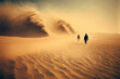People walking in the desert, sandstorm over the sand dunes. AI generative