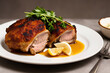 © Nedrofly - Appetizing Bavarian roast pork knuckle with sauerkraut. Oktoberfest menu. banner, menu, recipe place for text