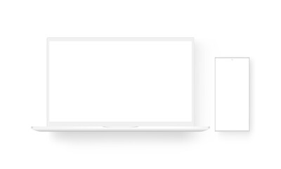 Laptop Computer and Frameless Mobile Phone, Clay Mockup, Isolated on White Background. Vector Illustration