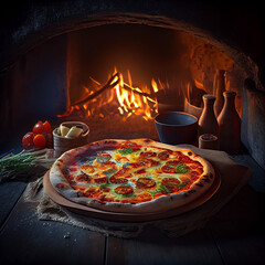 Traditional Italian pizza, Neapolitan style on a wooden board,  freshly baked in the wood oven, created with Generative AI