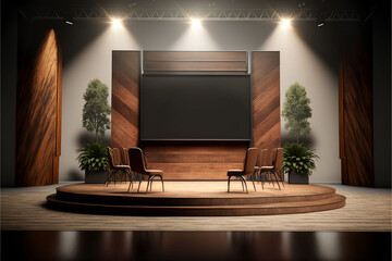 Wood and metal event stage with conference panel chairs, industrial design with screen, digital art