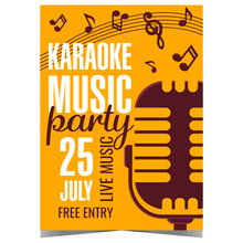 Karaoke Music Party Invitation Poster. Vector Design Template For Advertising Of Night Disco Club With Live Music And Karaoke. Promo Banner Or Flyer With Musical Notes And Microphone On Background.