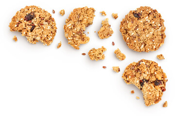 Wall Mural - Granola cookie isolated on white background with full depth of field. Top view with copy space for your text. Flat lay.