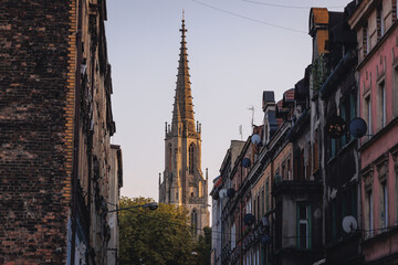 Canvas Print - Saint Mary Church tower seen from Wodna Street in Katowice city, Silesia region of Poland