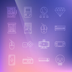 Poster - Set line Skull, Portable video game console, Video, Computer network, Game guide, Slot machine and mouse gaming icon. Vector