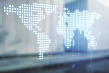 Wall Mural - double exposure of abstract digital world map on modern business center exterior background, researc