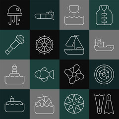 Sticker - Set line Flippers for swimming, Radar with targets, Cargo ship, Sun, Ship steering wheel, Spyglass telescope lens, Jellyfish and Yacht sailboat icon. Vector