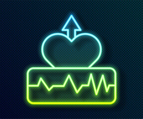 Sticker - Glowing neon line Heartbeat increase icon isolated on black background. Increased heart rate. Vector