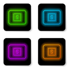 Wall Mural - Glowing neon line Stop media button icon isolated on white background. Black square button. Vector