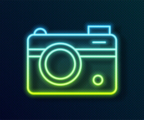 Poster - Glowing neon line Photo camera icon isolated on black background. Foto camera. Digital photography. Vector