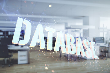 Wall Mural - double exposure of database word sign on a modern furnished office background, global research and a