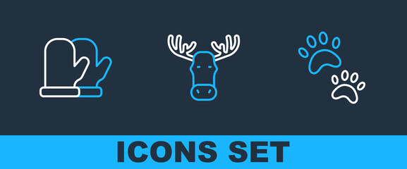 Sticker - Set line Paw print, Christmas mitten and Moose head with horns icon. Vector