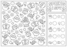 Spring Or Summer Black And White I Spy Game For Kids. Searching And Counting Activity With Cute Kawaii Chick, Bee. Garden Printable Worksheet, Coloring Page. Simple Spotting Puzzle With First Flowers.