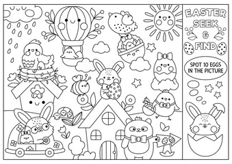 Wall Mural - Vector black and white Easter searching game with country house and kawaii characters. Spot hidden objects. Simple spring holiday seek and find coloring page. Egg hunt activity with bunny.