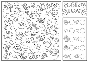 Wall Mural - Spring or summer black and white I spy game for kids. Searching and counting activity with cute kawaii chick, bee. Garden printable worksheet, coloring page. Simple spotting puzzle with first flowers.