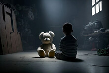 Young Boy And His Teddy Bear Are Sitting On The Floor Of A Dark, Abandoned Room. Mysterious, Scary Place. No Love, Poverty, Fear, Child Loneliness Concept. Ai Llustration, Digital Art.