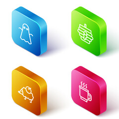 Sticker - Set Isometric line Ghost, Hive for bees, Hedgehog and Cup of tea icon. Vector