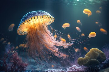 Wall Mural -  a painting of a jellyfish in an aquarium with many small yellow fish swimming around it's corals and algaes in the water.  generative ai