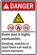 Combustible dust warning sign and labels grain dust is highly combustible 
