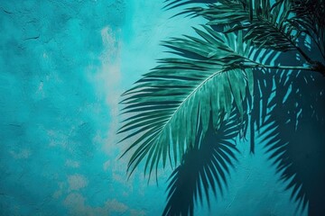 Poster -  a palm tree casts a shadow on a blue wall with a blue sky in the backgrounnd of it, with a shadow of a palm tree in the foreground.  generative ai