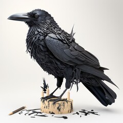 Wall Mural -  a black bird sitting on top of a wooden stump next to a pencil and ink drawing on a white background with a shadow of it.  generative ai