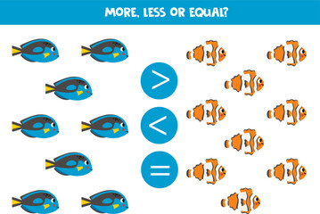 More, less or equal with cartoon reef fish.