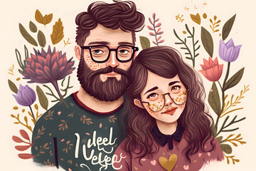 Wall Mural - couple in love with their pets, valentine's day card, digital illustration, vector