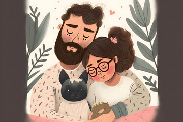 Wall Mural - couple in love with their pets, valentine's day card, digital illustration, vector