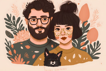 Wall Mural - couple in love with their pets, valentine's day card, digital illustration, vector