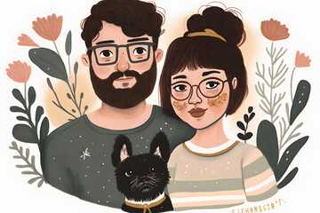 Wall Mural - couple in love with their pets, valentine's day card, digital illustration, vector