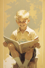 Wall Mural - Illustration of a cute blond boy reading a book - AI generative