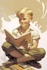 Wall Mural - Illustration of a cute blond boy reading a book - AI generative