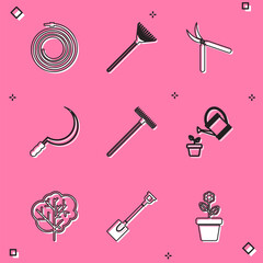 Sticker - Set Garden hose or fire hose, rake for leaves, Gardening handmade scissor, Sickle, Watering can, Tree and shovel icon. Vector