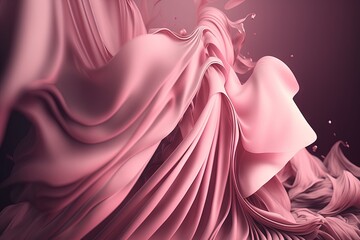 Wall Mural - a woman in a pink dress with flowing fabric on her back and a pink background with a pink flower in the middle of the image. generative ai