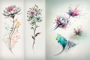 Wall Mural -  three watercolor paintings of flowers on a white background, each with a different color scheme, each with a single stem of a flower.  generative ai