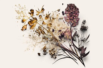 Wall Mural -  a bunch of dried flowers on a white surface with a butterfly flying above them and a butterfly on the top of the flower petals, and a white background.  generative ai