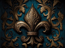 A Bronze Color Fleur-De-Lis Emblem And Foliage Ornament On A Blue Background. Created With Generative AI.