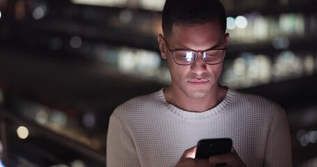 Poster - Business man, phone and night data while online on an urban building rooftop typing email, search or communication for networking on trading app. Entrepreneur on terrace in dark with 5g network