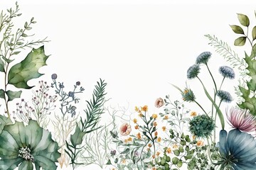 Canvas Print -  a watercolor painting of flowers and plants on a white background with a place for a text or a picture to put on a card.  generative ai