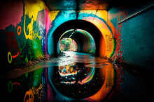 Cool Subway Station Tunnel With Graffiti On The Wall. Urban Wallpaper. AI