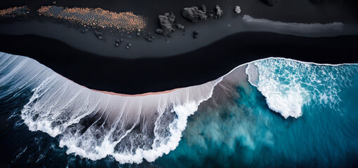 Panorama of black volcanic beach. Aerial view and top view. Beautiful natural backdrop. digital ai art