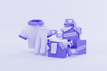 clothes donation concept cardboard boxes filled of clothes in purple monochrome style. charity donation boxes. 3d illustration