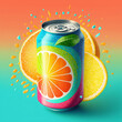 An image of a can resembling a fruity refreshment drink, depicted in an advertising campaign style