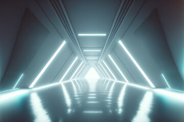 Wall Mural - Futuristic hallway corridor inside spaceship in sci-fi movie . Sublime Generative AI image .